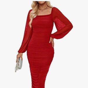 Chic Scarlet Long Sleeve Midi Dress